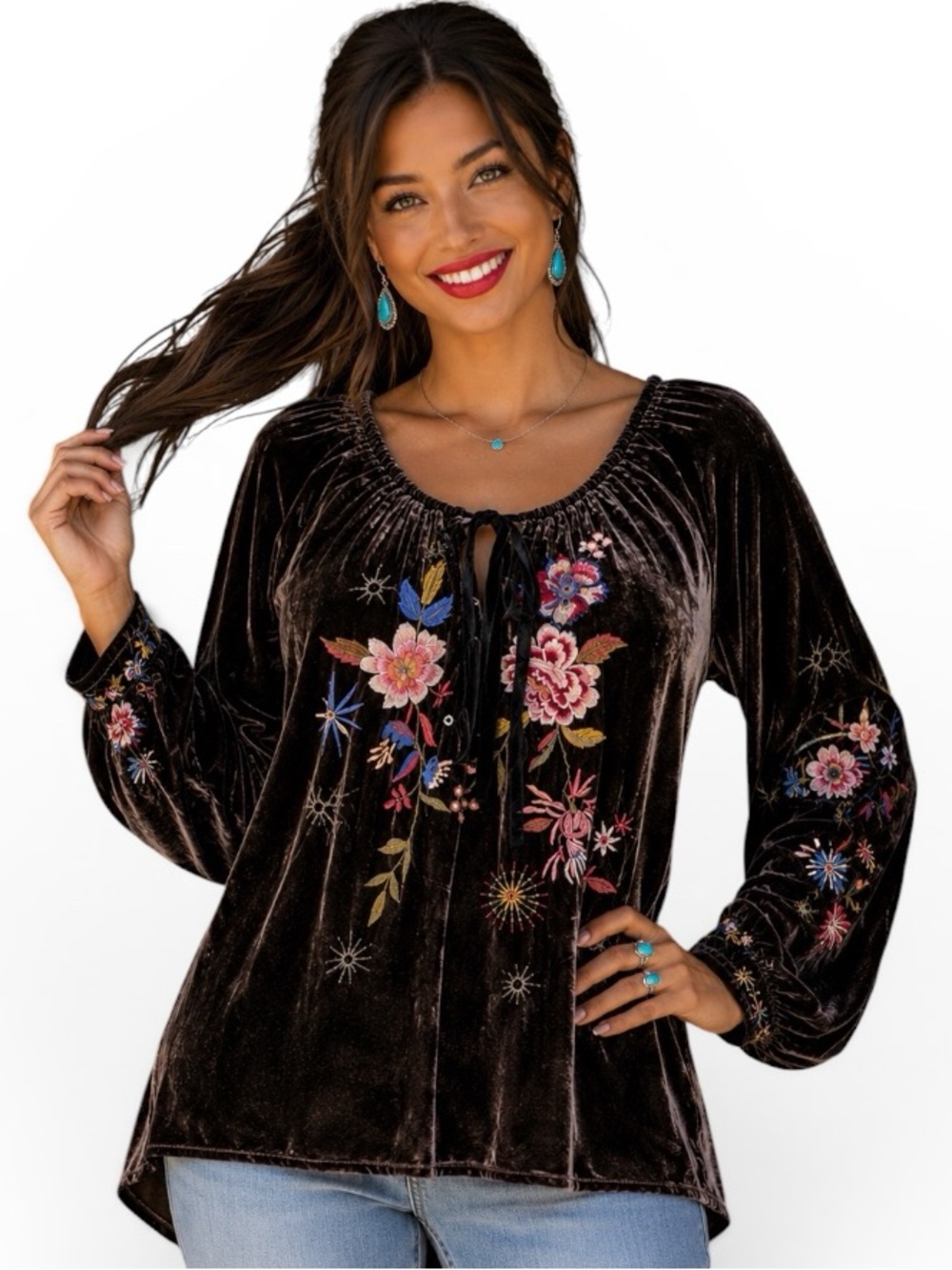 Johnny Was “Celestin” embroidered velvet top NWT